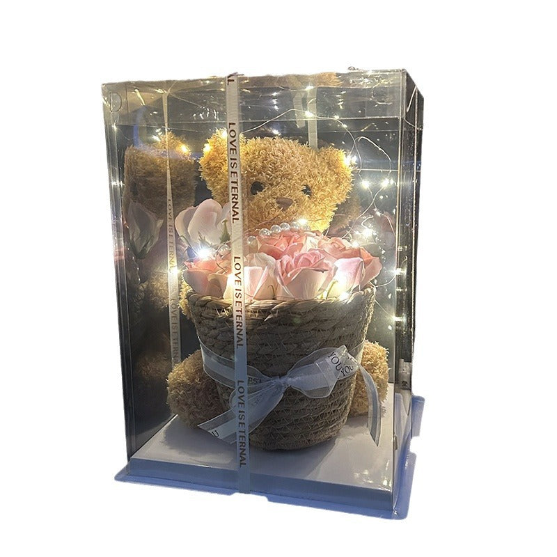 Doll teddy bear with rose flower basket