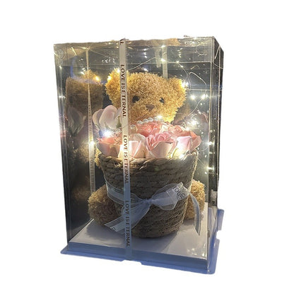 Doll teddy bear with rose flower basket
