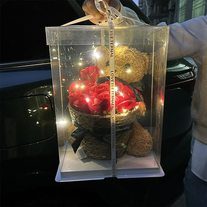 Doll teddy bear with rose flower basket