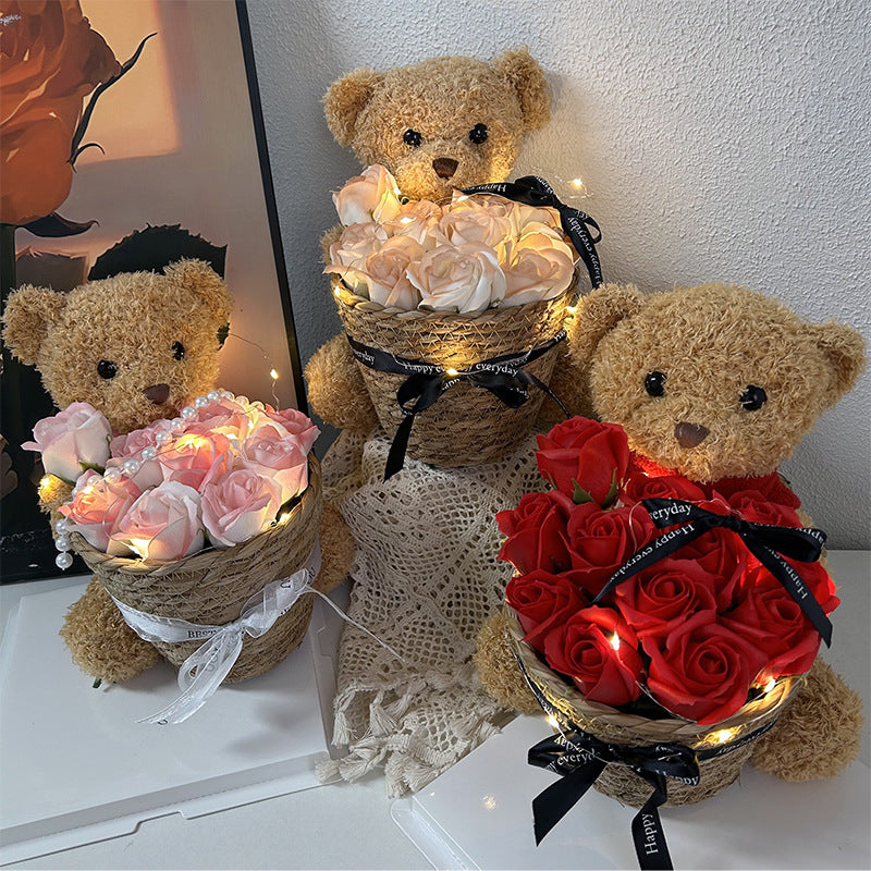 Doll teddy bear with rose flower basket