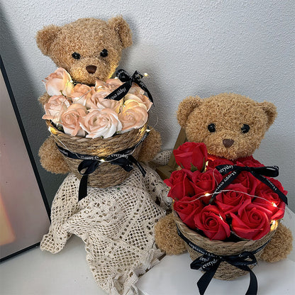Doll teddy bear with rose flower basket