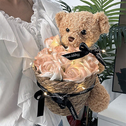 Doll teddy bear with rose flower basket