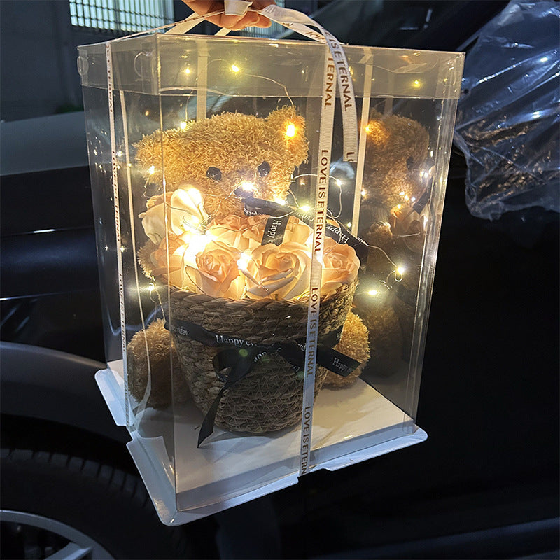 Doll teddy bear with rose flower basket